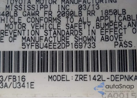 2013 Toyota Corolla Le z USA, uszkodzony, nr VIN 5YFBU4EE2DP169733